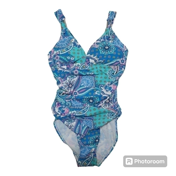 Love Your Assets Sara Blakely Paisley Spanx One Piece Swimsuit Blue Pnk Size S - Picture 1 of 7